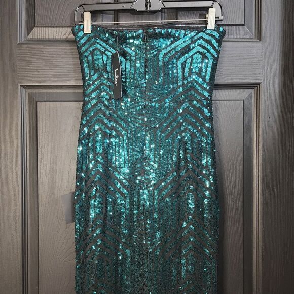 Lulus 'Dazzling Magic' Teal and Black Sequin Strapless Maxi Dress - Picture 11 of 16